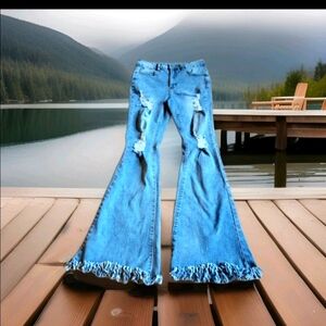 Composition Flare Jeans  Distressed Blue Denim, Teen / Juniors Size 24" Waist.